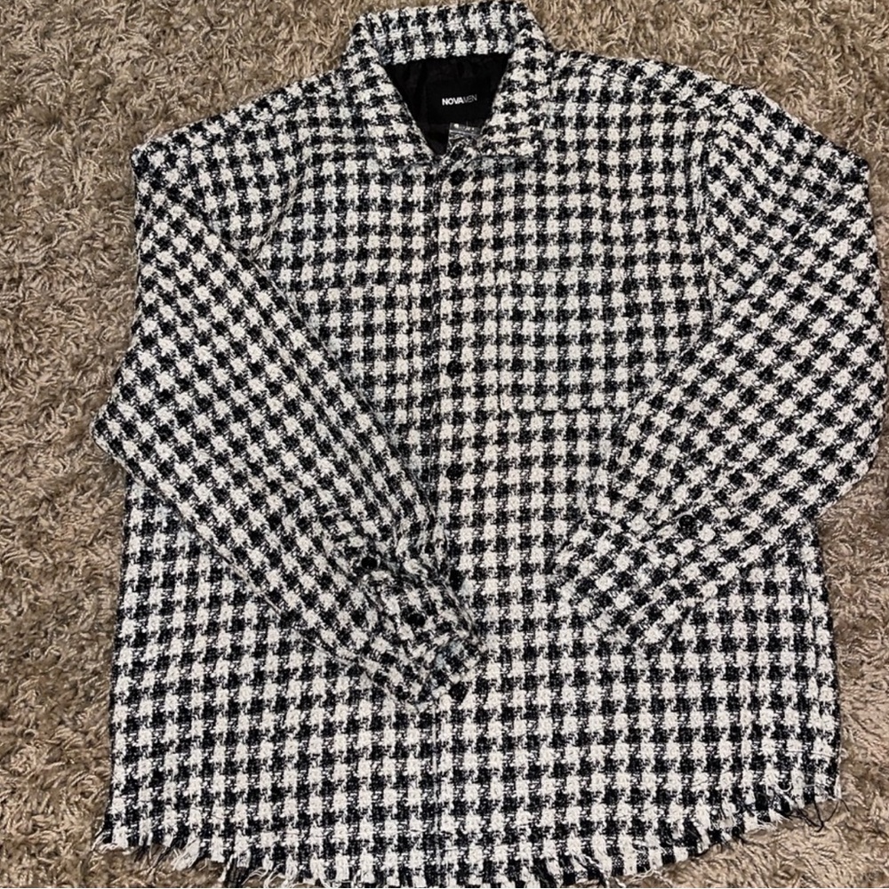 🔥Black and white houndstooth button-up SHACKET distressed bottom Unique